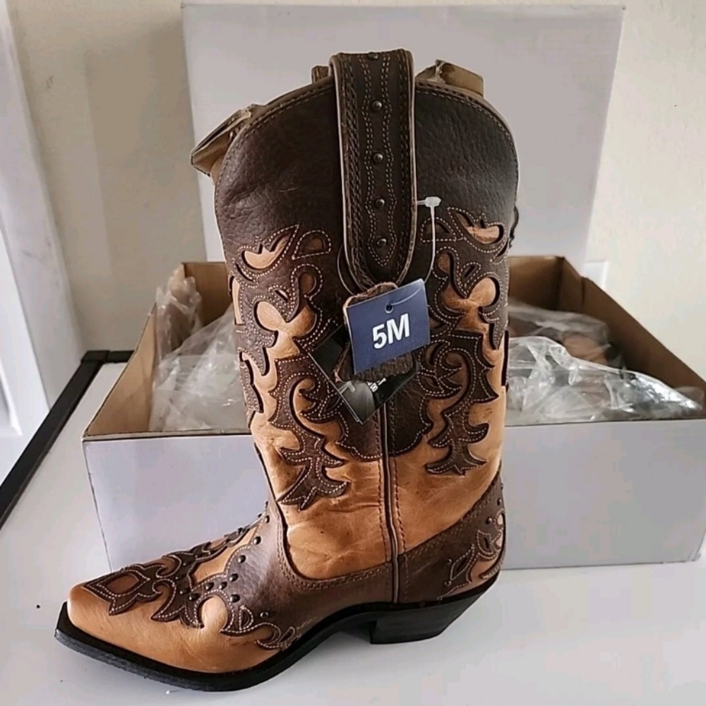 NWT Sz5M TAN Rockin country leather cowboy boots